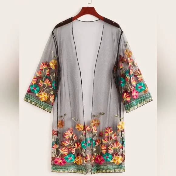 Sheer Floral Embroidered Kimono, - Picture 1 of 4